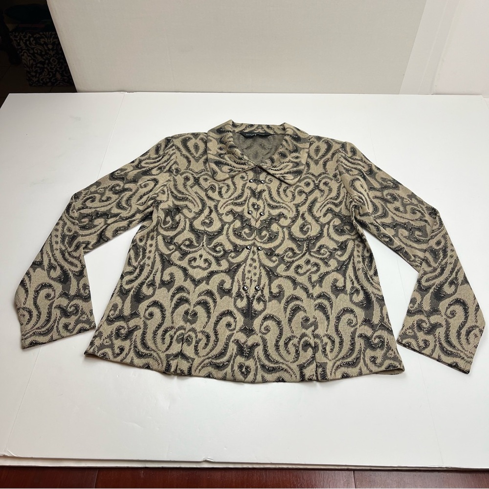 Ming Wang Womens Beige Tan Black Patterned Open Cardigan Sweater‎ Medium Office